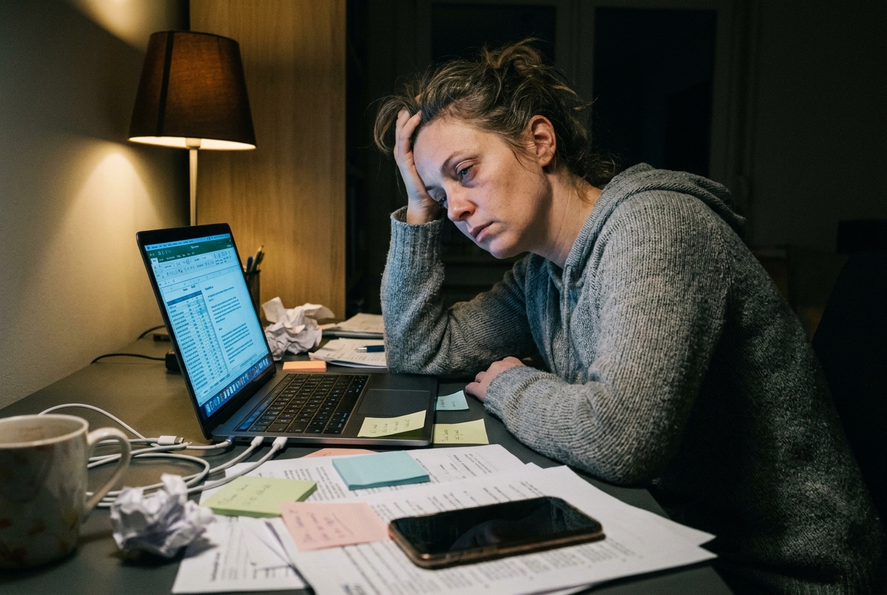 Erschöpfte Kurs-Anbieterin nachts vor Laptop-Chaos und Zettelwirtschaft
